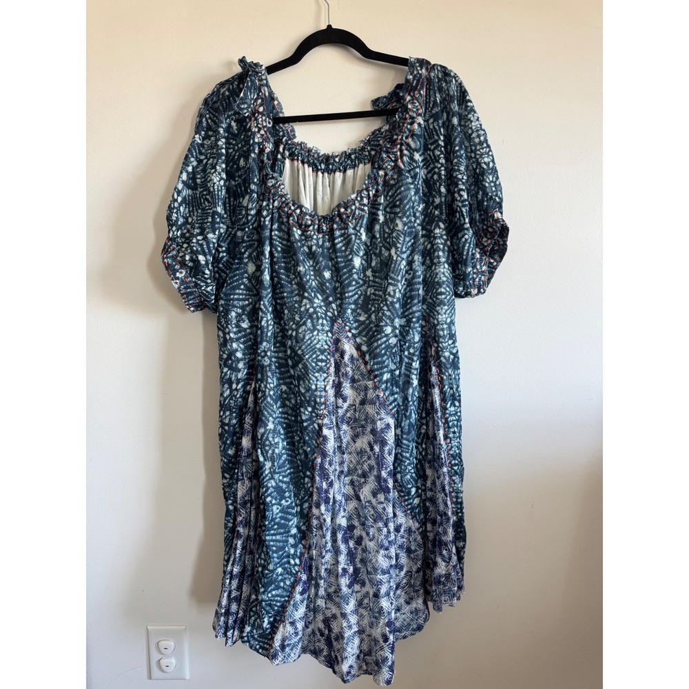 Free People Blue Batik Print Cotton Mini Dress Tie Shoulder Boho Women Large
